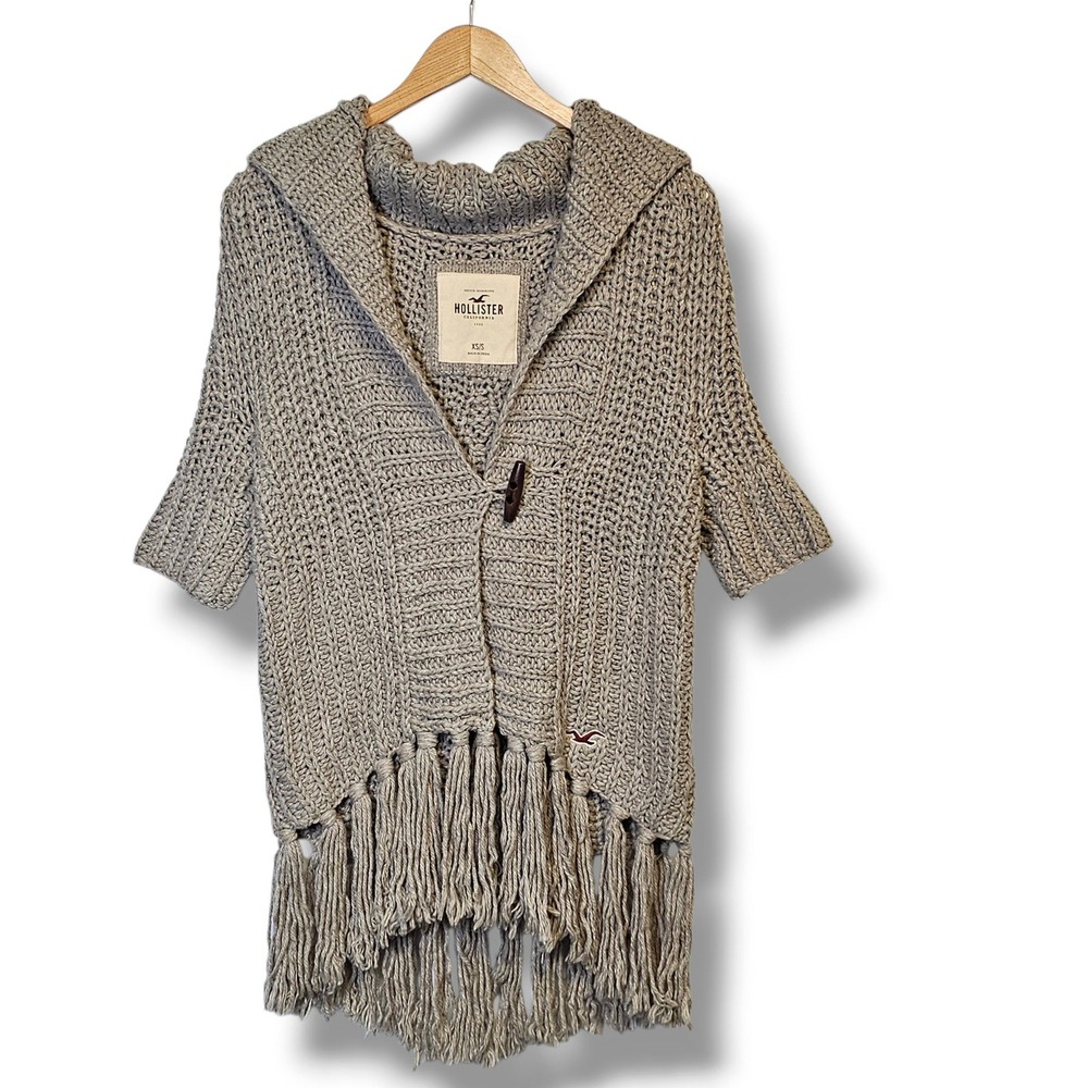 Hollister Chunky Cardigan Sweater XS/S Womens Tan Hooded Fringe Toggle Wool Boho